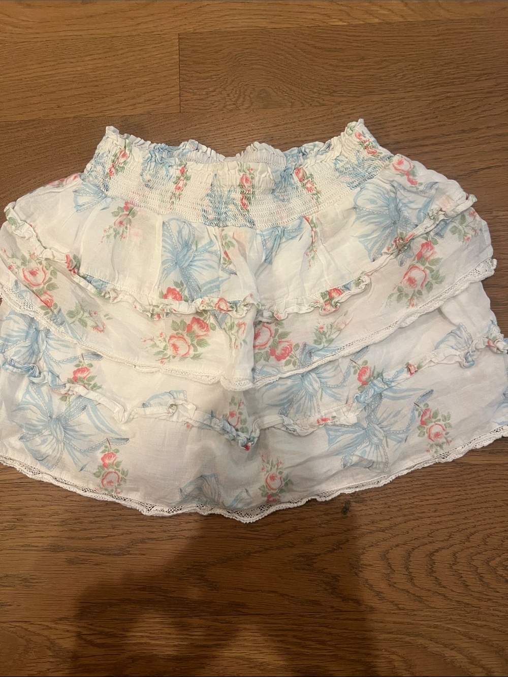 LoveShackFancy White Tiered Ruffle Skirt with Blue Bows & Pink Roses